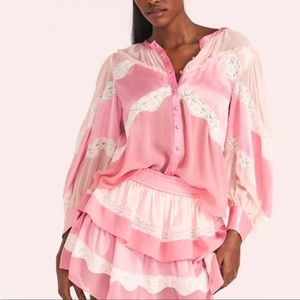 LoveShackFancy Zavia Pink Colorblock Lace Blouse NWT